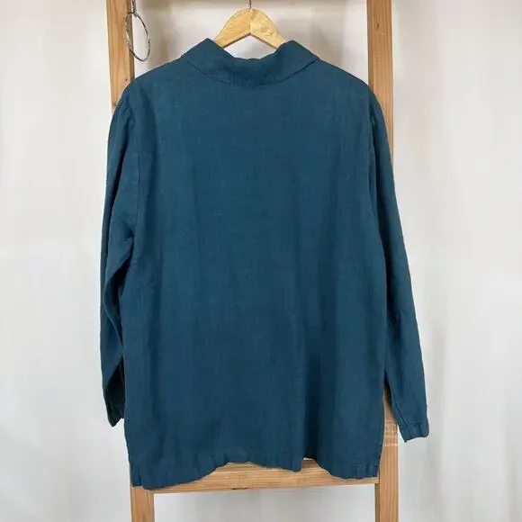 Vintage Mishi Deep Teal Long Sleeve Button Up Long Linen Top #1223 Size LARGE - Picture 3 of 4